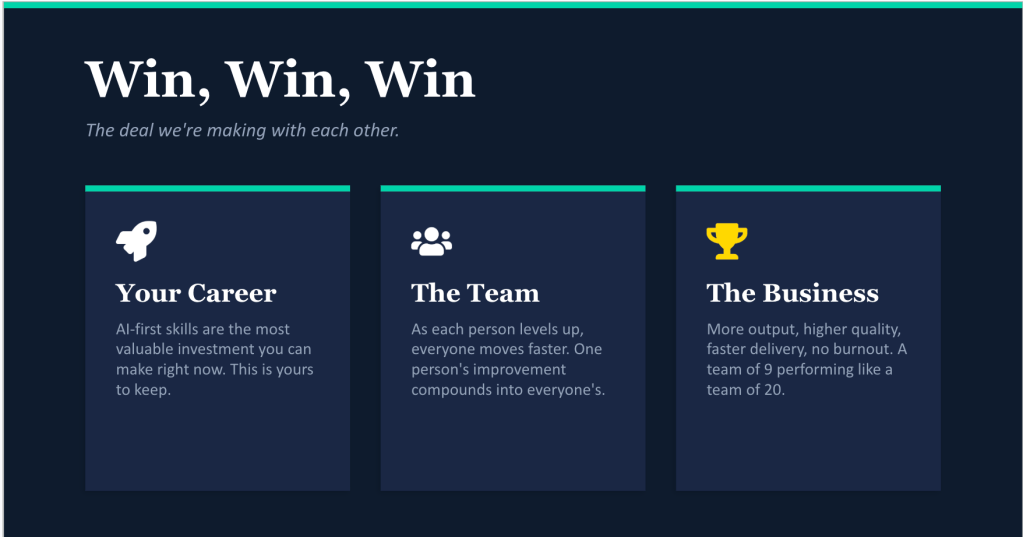 Win, Win, Win slide kicking-off my AI Framework Deck